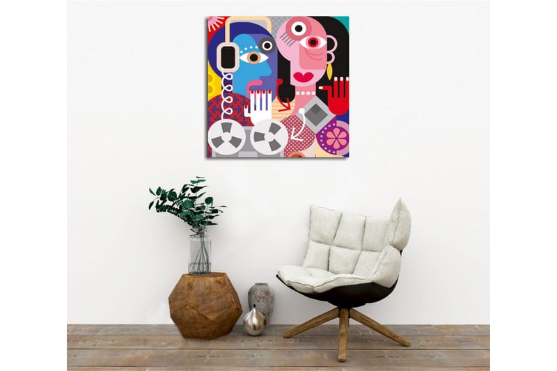 Canvastavla - Abstrakt porträtt av två ansikten med färgglada detaljer - Blå / Rosa / Röd - Inredning & dekor - Tavlor & konst - Canvastavla