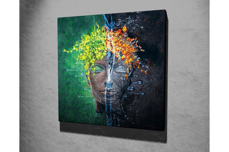 Canvastavla - Ansikte med blomsterkrans i kontrasterande färger - Grön / Gul / Orange - Inredning & dekor - Tavlor & konst - Canvastavla