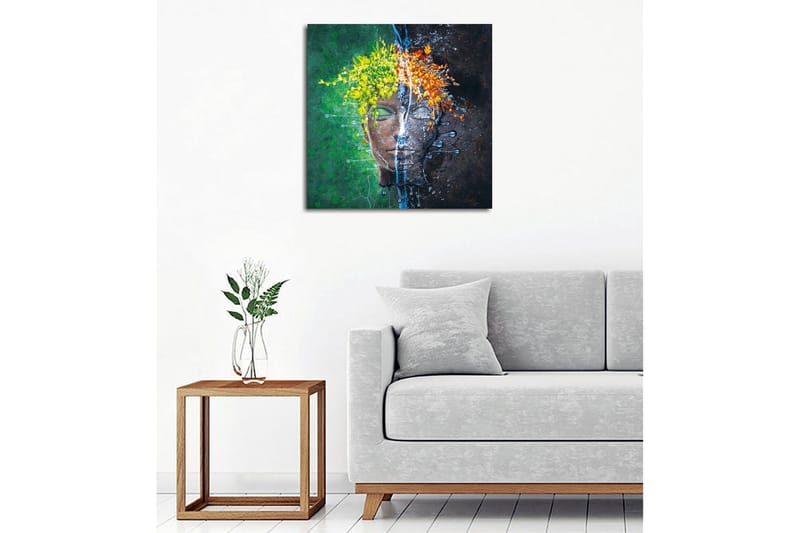 Canvastavla - Ansikte med blomsterkrans i kontrasterande färger - Grön / Gul / Orange - Inredning & dekor - Tavlor & konst - Canvastavla
