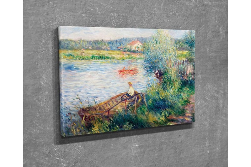 Canvastavla - Avkopplande scen vid en sjö med en person i båt och omgivande grönska - Grön / Blå / Beige - Inredning & dekor - Tavlor & konst - Canvastavla
