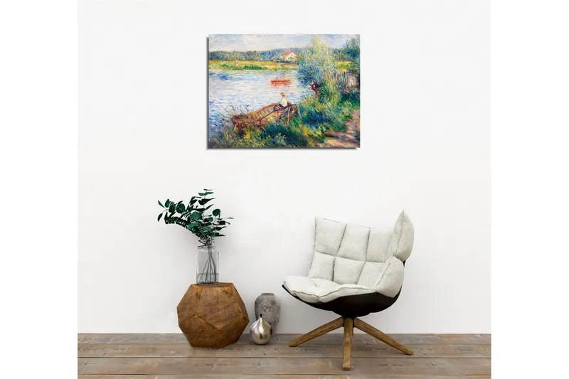 Canvastavla - Avkopplande scen vid en sjö med en person i båt och omgivande grönska - Grön / Blå / Beige - Inredning & dekor - Tavlor & konst - Canvastavla