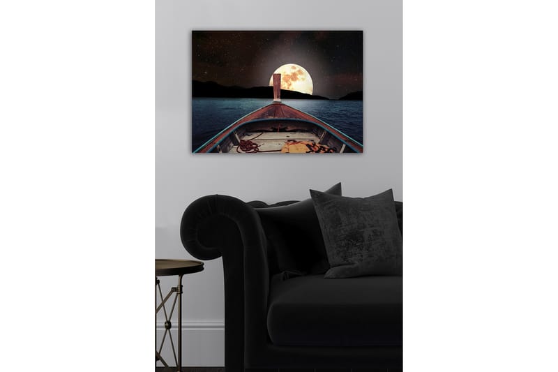 Canvastavla - Båt som navigerar mot en stor fullmåne över en stilla sjö - Mörkblå / Grå / Orange - Inredning & dekor - Tavlor & konst - Canvastavla