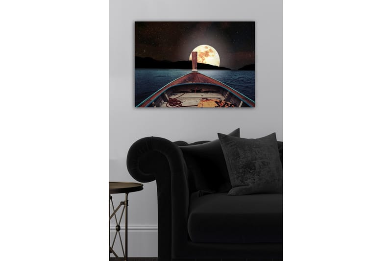 Canvastavla - Båt som navigerar mot en stor fullmåne över en stilla sjö - Mörkblå / Grå / Orange - Inredning & dekor - Tavlor & konst - Canvastavla