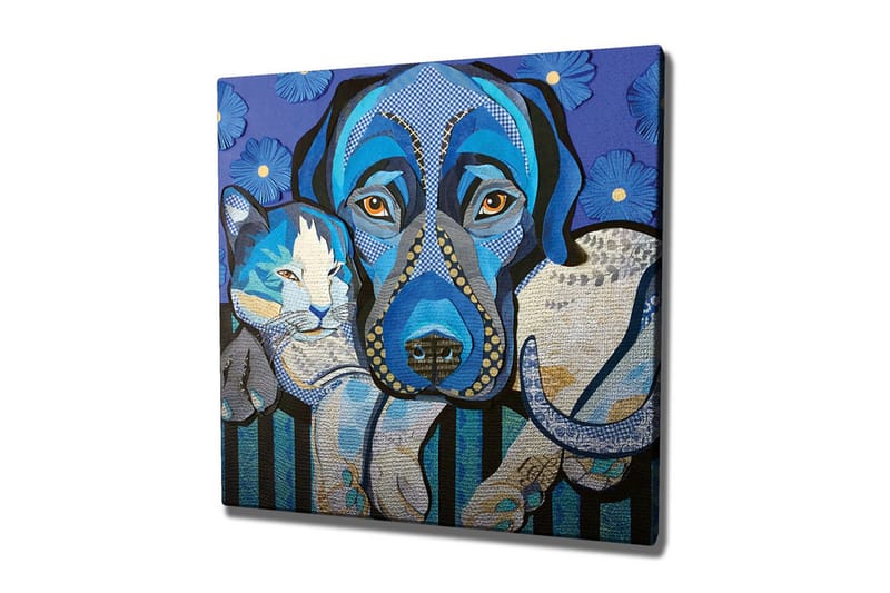 Canvastavla - Blå hund och katt i en lekfull komposition - Blå / Vit / Svart - Inredning & dekor - Tavlor & konst - Canvastavla