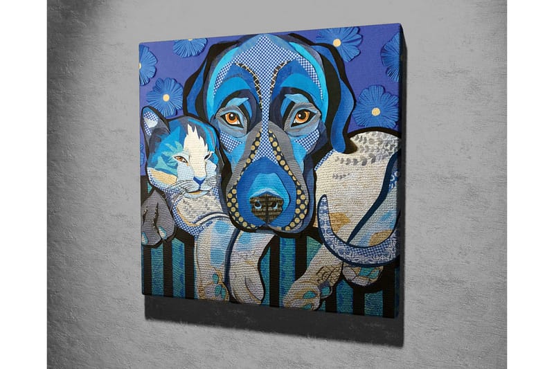 Canvastavla - Blå hund och katt i en lekfull komposition - Blå / Vit / Svart - Inredning & dekor - Tavlor & konst - Canvastavla