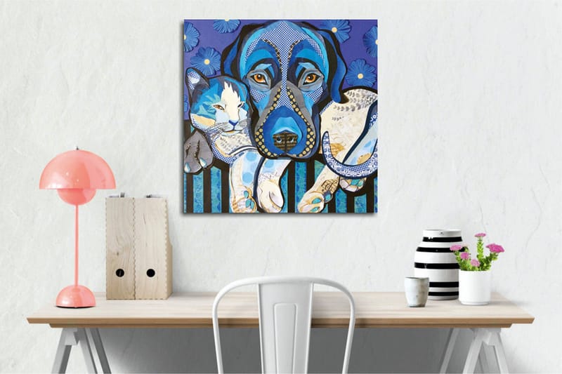 Canvastavla - Blå hund och katt i en lekfull komposition - Blå / Vit / Svart - Inredning & dekor - Tavlor & konst - Canvastavla