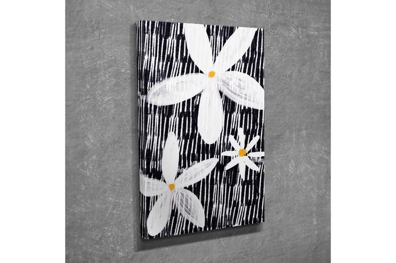 Canvastavla - Blommor i vitt och gult mot en svart bakgrund - Vit / Svart / Gul - Inredning & dekor - Tavlor & konst - Canvastavla