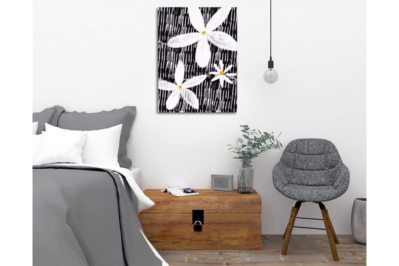 Canvastavla - Blommor i vitt och gult mot en svart bakgrund - Vit / Svart / Gul - Inredning & dekor - Tavlor & konst - Canvastavla