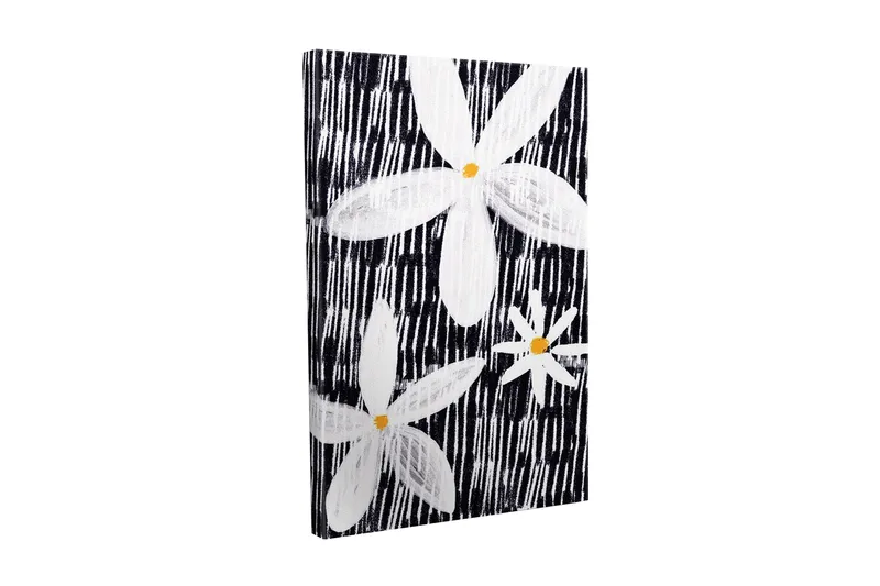Canvastavla - Blommor i vitt och gult mot en svart bakgrund, Vit / Svart / Gul