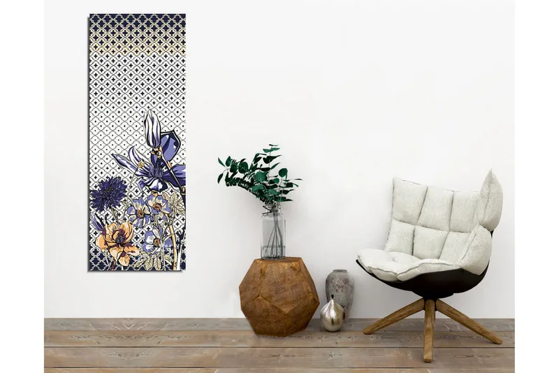 Canvastavla - Blomstrande komposition med stiliserade blommor i blått och guld - Blå / Guld / Vit - Inredning & dekor - Tavlor & konst - Canvastavla