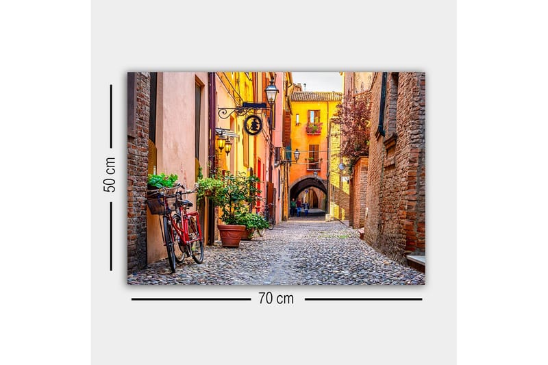 Canvastavla - Charmig gata med cykel och färgglada byggnader - Orange / Grön / Röd - Inredning & dekor - Tavlor & konst - Canvastavla