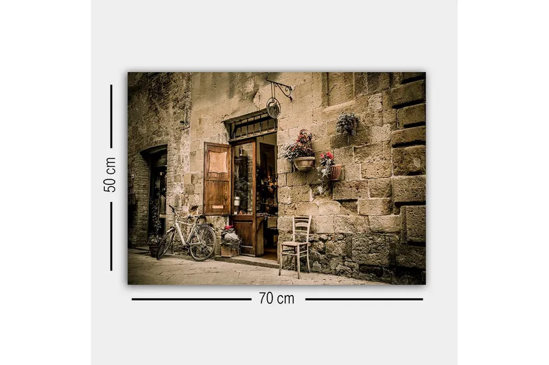 Canvastavla - Charmig gatumiljö med en cykel och en öppen dörr till en butik - Beige / Brunt / Grönt - Inredning & dekor - Tavlor & konst - Canvastavla