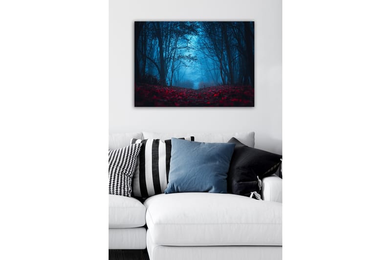 Canvastavla - Dimig skog med rödaktiga löv i en mystisk atmosfär - Mörkblå / Röd - Inredning & dekor - Tavlor & konst - Canvastavla