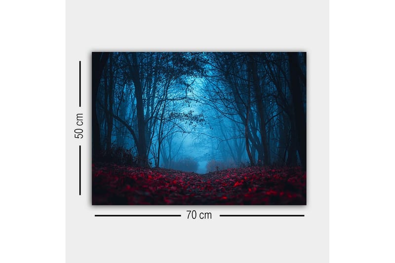 Canvastavla - Dimig skog med rödaktiga löv i en mystisk atmosfär - Mörkblå / Röd - Inredning & dekor - Tavlor & konst - Canvastavla