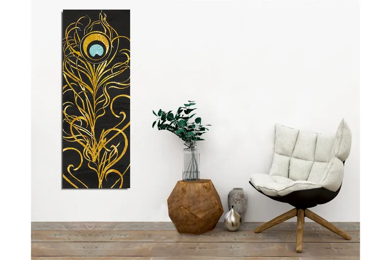 Canvastavla - Elegant fjäderdesign i guld och turkos - Guld / Turkos / Svart - Inredning & dekor - Tavlor & konst - Canvastavla