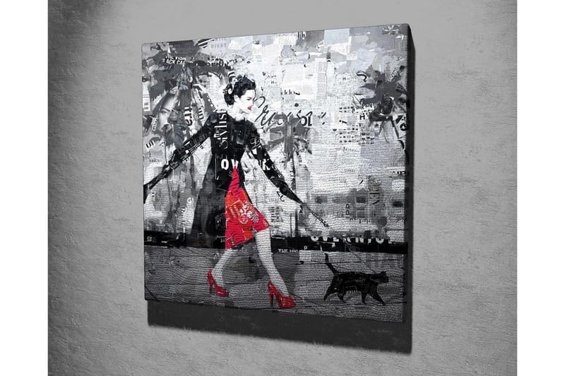 Canvastavla - Elegant kvinna i röd klänning med svart katt i en urban miljö - Röd / Svart / Grå - Inredning & dekor - Tavlor & konst - Canvastavla