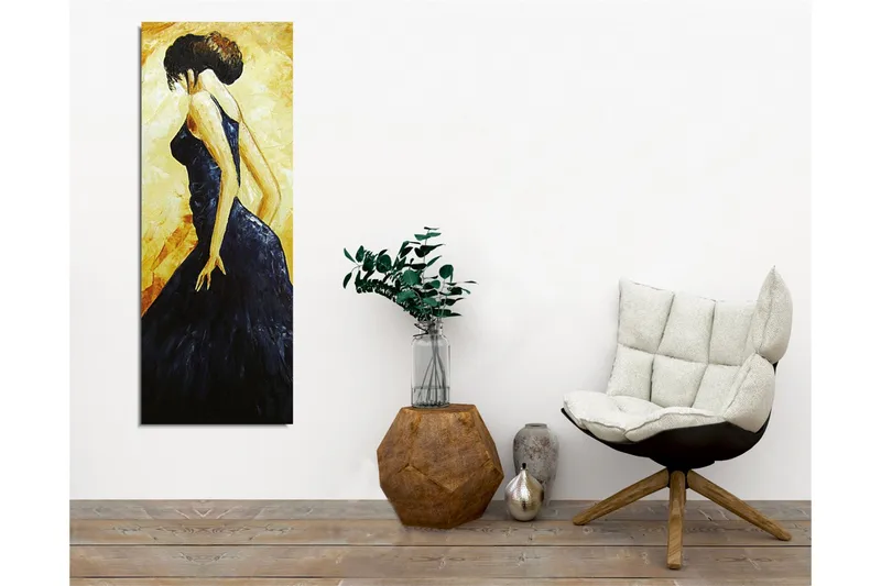 Canvastavla - Elegant kvinna i svart klänning - Mörkblå / Gyllene / Beige - Inredning & dekor - Tavlor & konst - Canvastavla