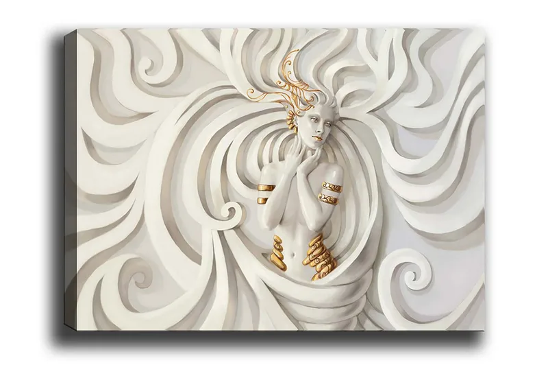 Canvastavla - Elegant kvinna omgiven av svepande, abstrakta former, Vit / Beige / Guld