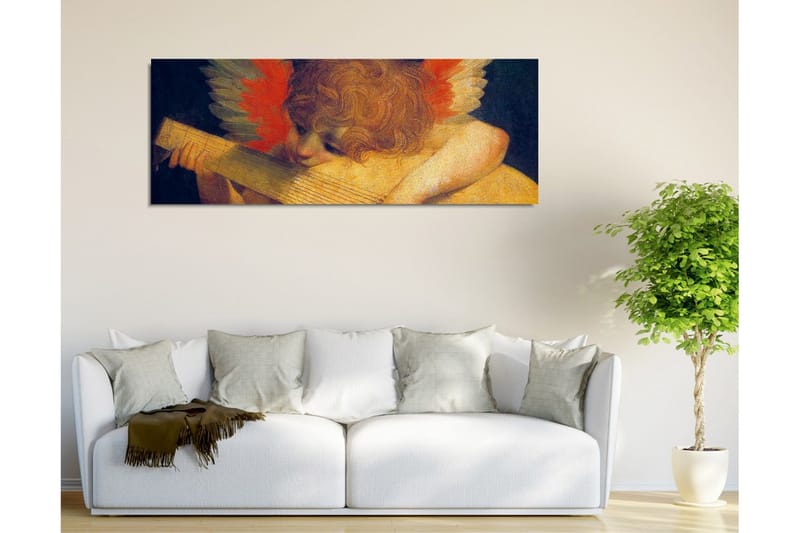 Canvastavla - Engel som spelar på en luta med färgglada fjädrar i bakgrunden - Röd / Orange / Hudton - Inredning & dekor - Tavlor & konst - Canvastavla
