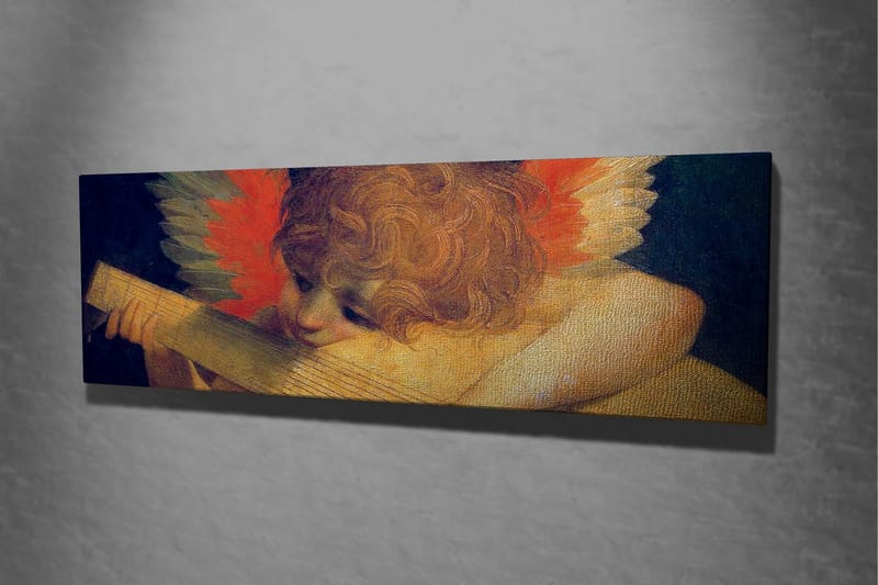Canvastavla - Engel som spelar på en luta med färgglada fjädrar i bakgrunden - Röd / Orange / Hudton - Inredning & dekor - Tavlor & konst - Canvastavla