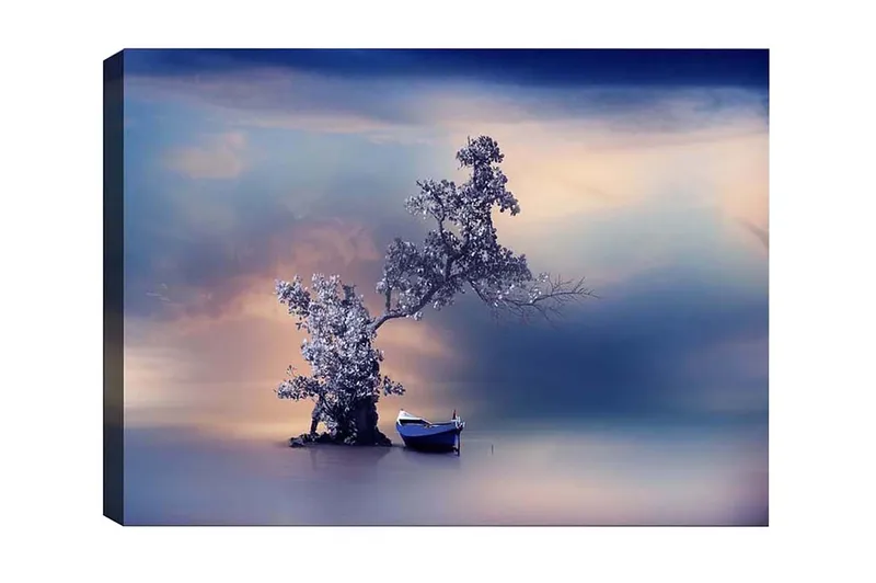 Canvastavla - Ensam båt vid en mystisk trädkonstellation i en spegelblanka vattenyta - Blå / Grå / Vit - Inredning & dekor - Tavlor & konst - Canvastavla