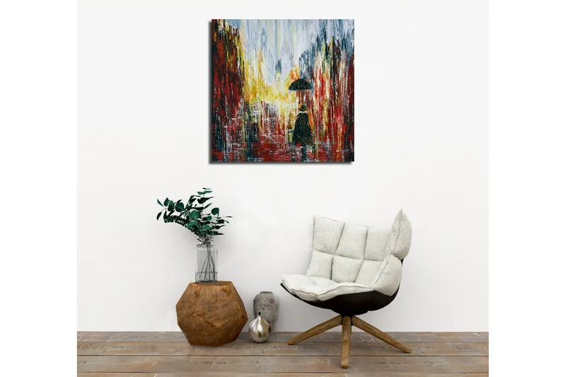 Canvastavla - Ensam figur med paraply i en regnig stadsmiljö - Röd / Svart / Gul - Inredning & dekor - Tavlor & konst - Canvastavla
