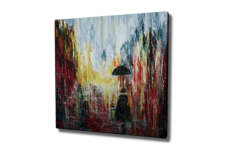 Canvastavla - Ensam figur med paraply i en regnig stadsmiljö, Röd / Svart / Gul