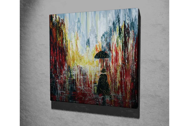 Canvastavla - Ensam figur med paraply i en regnig stadsmiljö - Röd / Svart / Gul - Inredning & dekor - Tavlor & konst - Canvastavla