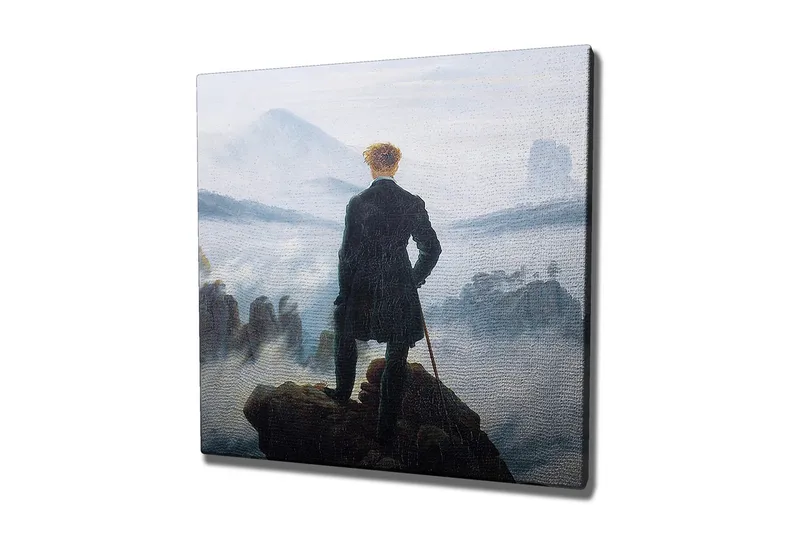 Canvastavla - Ensam man på en klippa som blickar ut över ett dimmigt landskap, Mörkgrön / Grå / Blå
