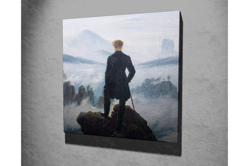 Canvastavla - Ensam man på en klippa som blickar ut över ett dimmigt landskap - Mörkgrön / Grå / Blå - Inredning & dekor - Tavlor & konst - Canvastavla