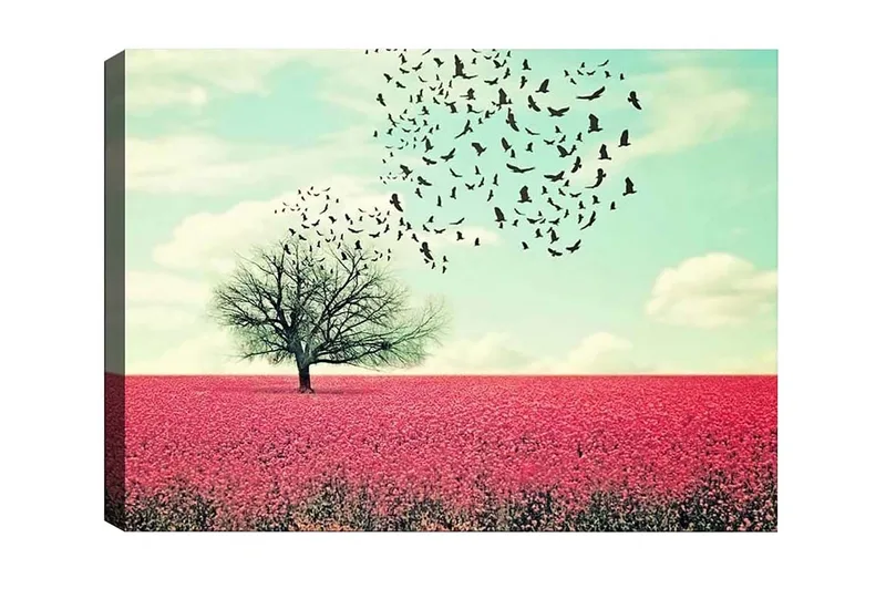 Canvastavla - Ensam trädkrona i en blomstrande fält av rosa blommor, Rosa / Himmelsblå / Svart