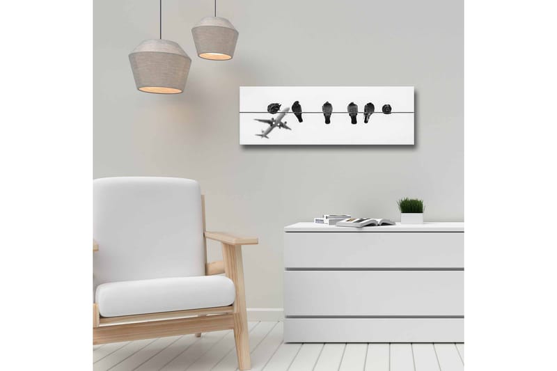 Canvastavla - Fåglar på en ledning med ett flygplan i bakgrunden - Svart / Vitt - Inredning & dekor - Tavlor & konst - Canvastavla