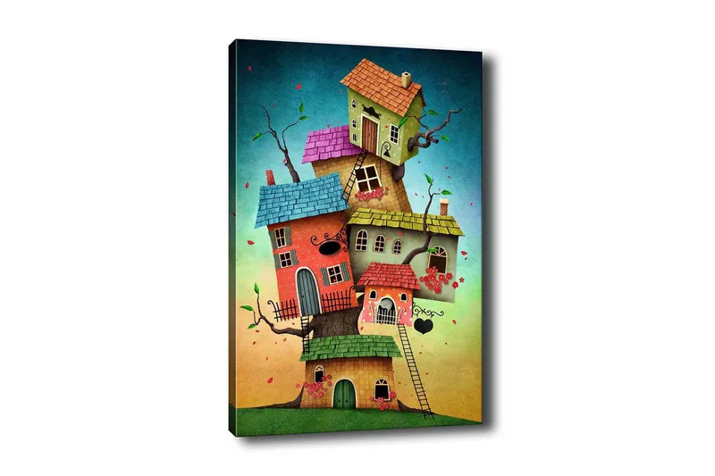 Canvastavla - Fantasifull byggnad av färgglada hus som växer ur en trädstam, Grön / Röd / Blå