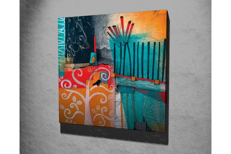 Canvastavla - Färgglad abstrakt komposition med träd och geometriska former - Turkos / Orange / Röd - Inredning & dekor - Tavlor & konst - Canvastavla