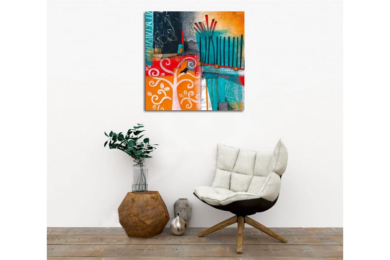 Canvastavla - Färgglad abstrakt komposition med träd och geometriska former - Turkos / Orange / Röd - Inredning & dekor - Tavlor & konst - Canvastavla
