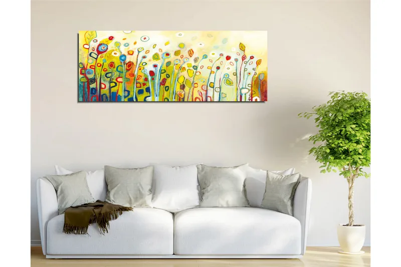 Canvastavla - Färgglad blomsteräng med stiliserade blommor och blad - Grön / Röd / Gul - Inredning & dekor - Tavlor & konst - Canvastavla