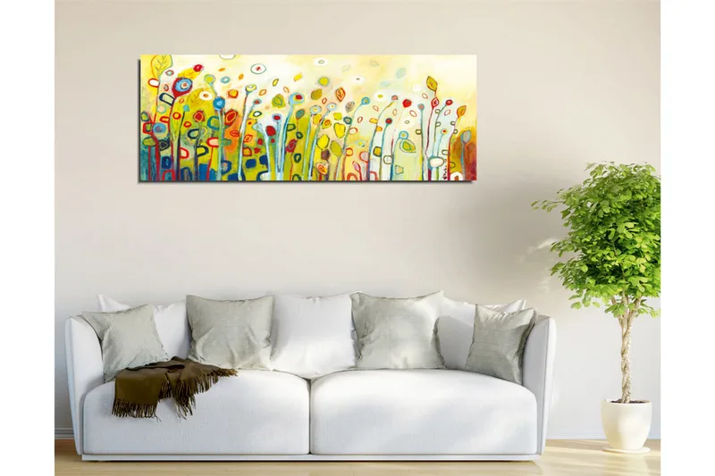 Canvastavla - Färgglad blomsteräng med stiliserade blommor och blad - Grön / Röd / Gul - Inredning & dekor - Tavlor & konst - Canvastavla