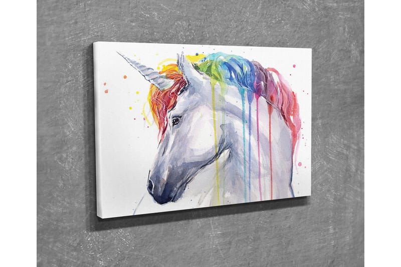 Canvastavla - Färgglad enhörning med regnbågsfärgad man och droppande färg - Vit / Regnbåge (röd / Orange - Inredning & dekor - Tavlor & konst - Canvastavla