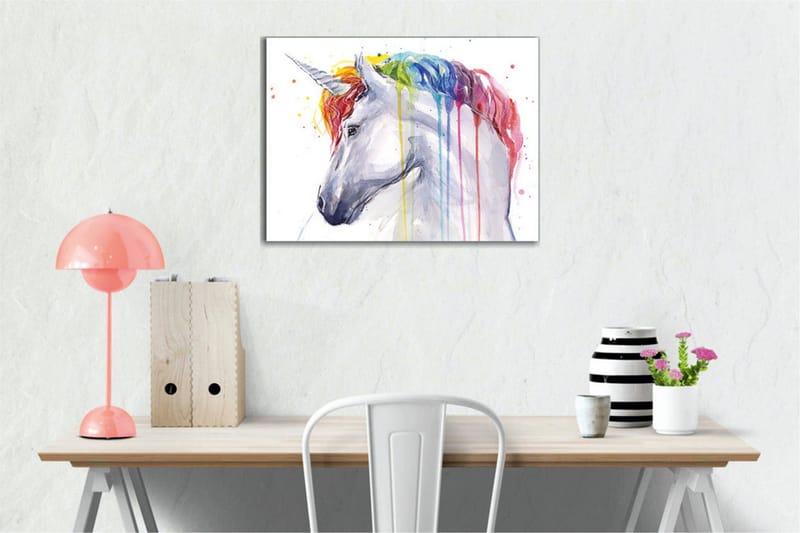Canvastavla - Färgglad enhörning med regnbågsfärgad man och droppande färg - Vit / Regnbåge (röd / Orange - Inredning & dekor - Tavlor & konst - Canvastavla