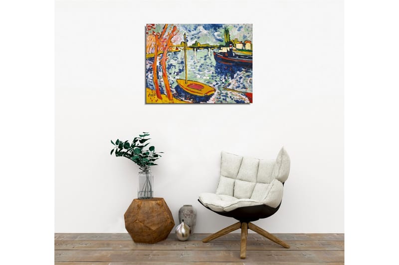 Canvastavla - Färgglad hamn med segelbåtar och träd i förgrunden - Blå / Orange / Grön - Inredning & dekor - Tavlor & konst - Canvastavla