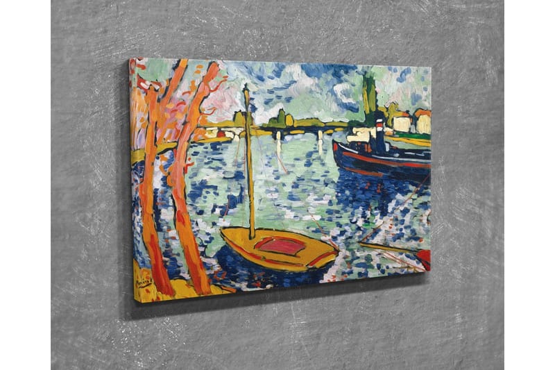 Canvastavla - Färgglad hamn med segelbåtar och träd i förgrunden - Blå / Orange / Grön - Inredning & dekor - Tavlor & konst - Canvastavla
