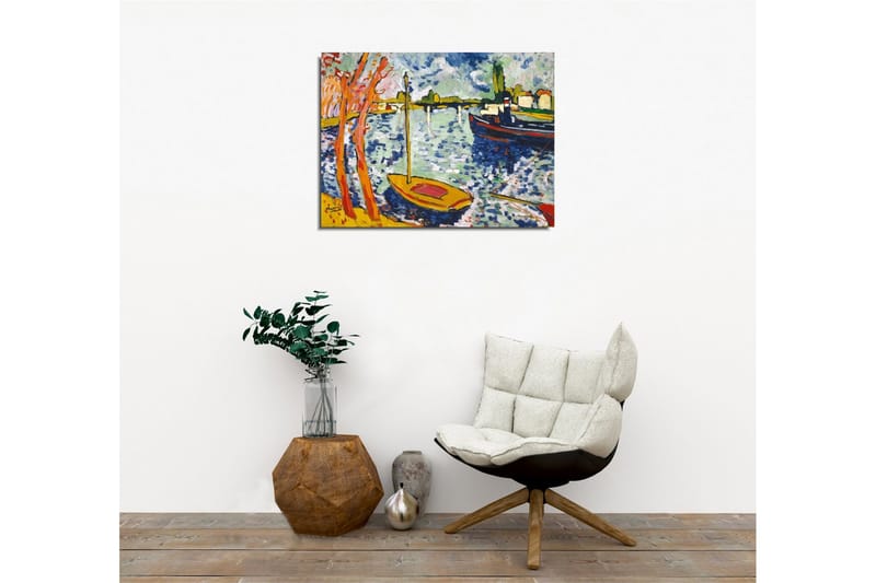 Canvastavla - Färgglad hamn med segelbåtar och träd i förgrunden - Blå / Orange / Grön - Inredning & dekor - Tavlor & konst - Canvastavla