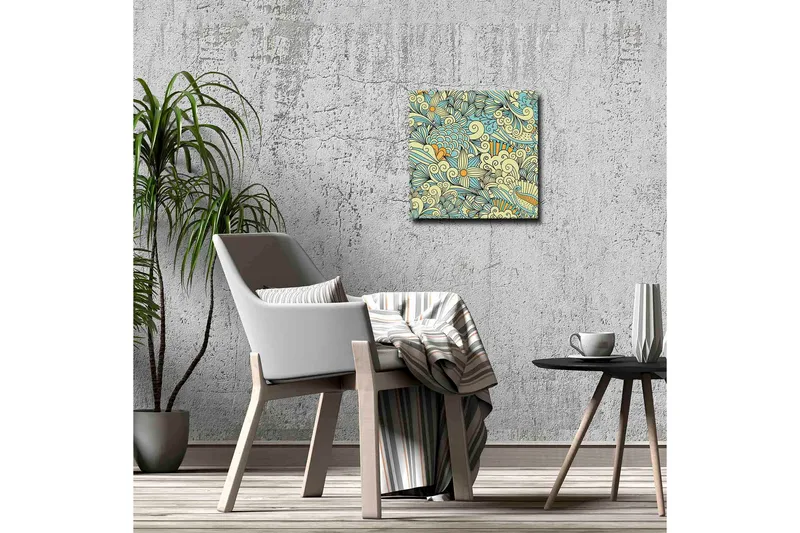 Canvastavla - Färgglad och detaljerad mönsterdesign med blommor och svängda former - Ljusblå / Beige / Orange - Inredning & dekor - Tavlor & konst - Canvastavla