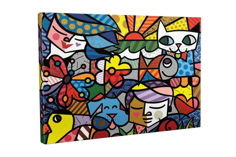 Canvastavla - Färgglad samling av djur och människor i en lekfull komposition, Röd / Blå / Gul