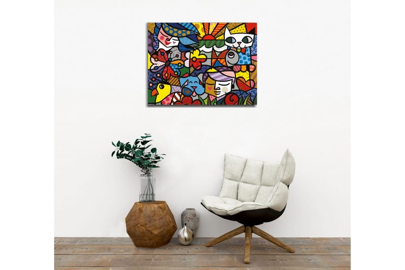 Canvastavla - Färgglad samling av djur och människor i en lekfull komposition - R öd / Blå / Gul - Inredning & dekor - Tavlor & konst - Canvastavla