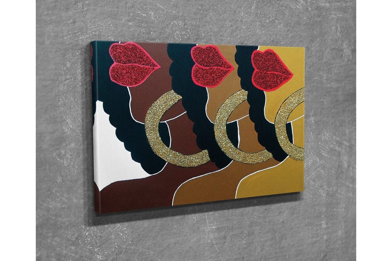 Canvastavla - Färgglad sammansättning av ansikten med glittrande läppar och stora örhängen - Mörkbrun / Guld / Röd - Inredning & dekor - Tavlor & konst - Canvastavla