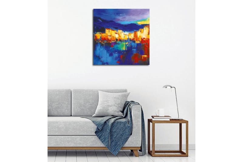 Canvastavla - Färgglad stadsbild vid vattnet med reflektioner - Blå / Orange / Gul - Inredning & dekor - Tavlor & konst - Canvastavla