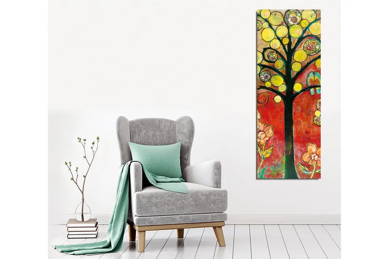 Canvastavla - Färgglad trädkonstellation med fåglar och blommor - Gult / Rött / Grönt - Inredning & dekor - Tavlor & konst - Canvastavla