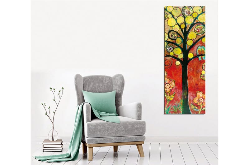 Canvastavla - Färgglad trädkonstellation med fåglar och blommor - Gult / Rött / Grönt - Inredning & dekor - Tavlor & konst - Canvastavla