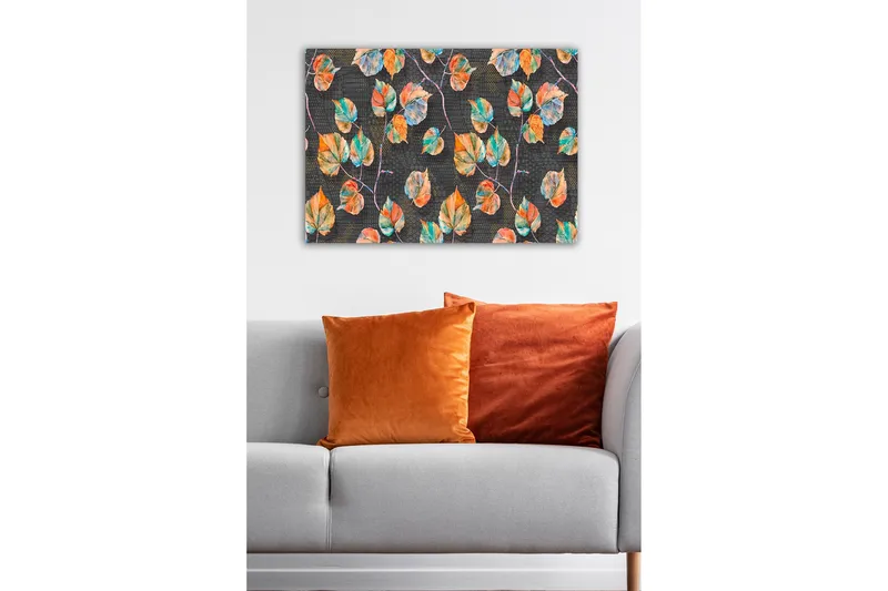 Canvastavla - Färgglada löv mot en mörk bakgrund - Grön / Orange / Blå - Inredning & dekor - Tavlor & konst - Canvastavla